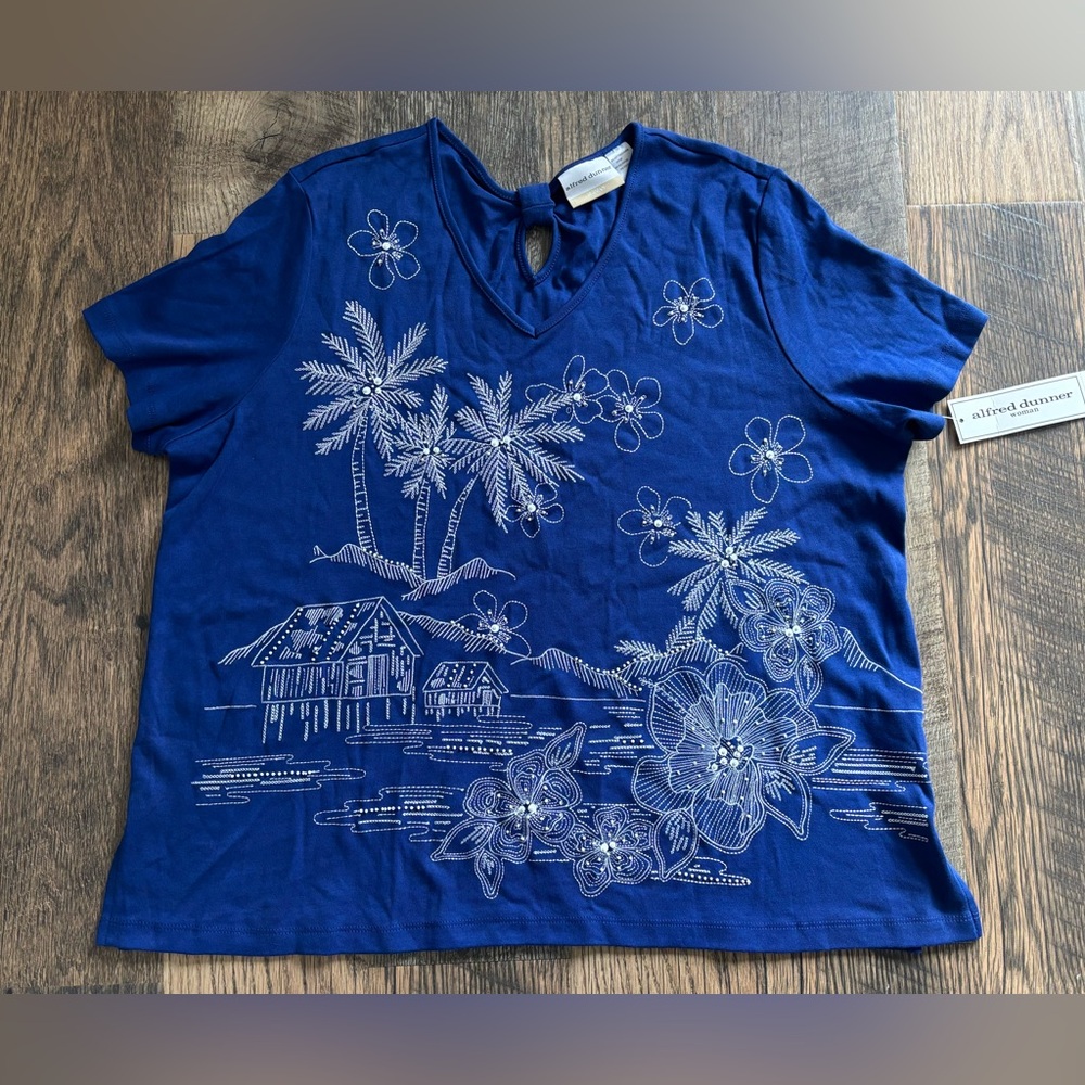 ALFRED DUNNER Women’s Blue Blouse Top Embroidered‎ Beaded Floral Short Sleeve 1X